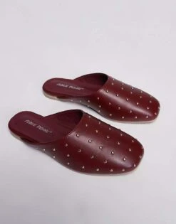 Public Desire Wide Fit Camille Studded Flat Mules In Wine For Women Red -Desirelic Store 207365504 2