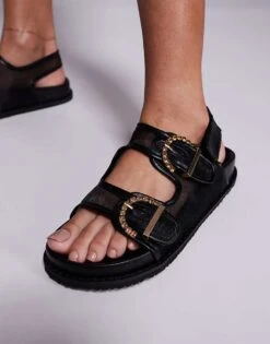 Public Desire Fuda Embellished Buckle Flat Sandals In Black Mesh For Women -Desirelic Store 207365831 4