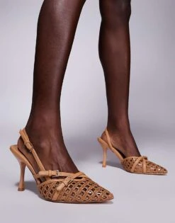 Public Desire Smooch Woven Strappy Sling Back Heeled Shoes In Tan For Women -Desirelic Store 207415052 1 tan 1