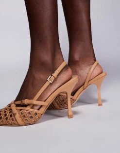 Public Desire Smooch Woven Strappy Sling Back Heeled Shoes In Tan For Women -Desirelic Store 207415052 2
