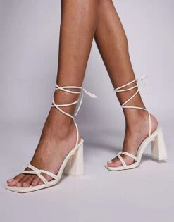 Public Desire Schiffer Block Heel Sandals With Tie Leg In Cream For Women