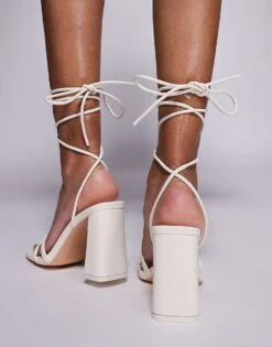 Public Desire Schiffer Block Heel Sandals With Tie Leg In Cream For Women -Desirelic Store 207415060 3