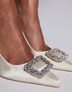 Public Desire Flint Pointed Slingback Heeled Shoes With Embellishment In Ivory For Women -Desirelic Store 207415096 3