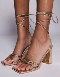 Public Desire Schiffer Block Heeled Sandals With Tie Leg In Gold For Women -Desirelic Store 207415212 1 gold 1