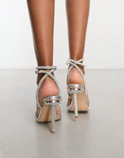 Public Desire Clueless Strappy Square Toe Diamante Heeled Sandals For Women Silver -Desirelic Store 207415249 3