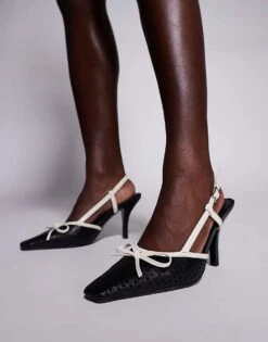 Public Desire Alchemy Laser Cute Sling Back Heels With Bow In Cream And Black For Women Cream/black