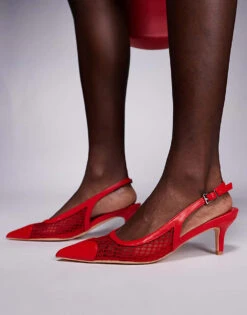 Public Desire Two Faced Mesh Pointed Kitten Heeled Shoes With Heart In Red For Women -Desirelic Store 207415357 4