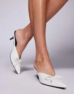 Public Desire Lionheart Pointed Kitten Heel Mules With Bow In White For Women -Desirelic Store 207415374 1 white 1