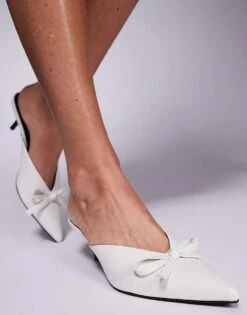 Public Desire Lionheart Pointed Kitten Heel Mules With Bow In White For Women -Desirelic Store 207415374 3