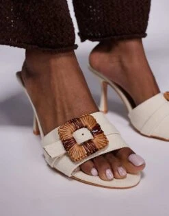 Public Desire Andria Mid Heel Mule Sandals With Buckle In Cream For Women -Desirelic Store 207415410 3