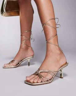 Public Desire Nora Kitten Heel Tie Leg Sandals In Gold For Women Natural/gold -Desirelic Store 207415411 3