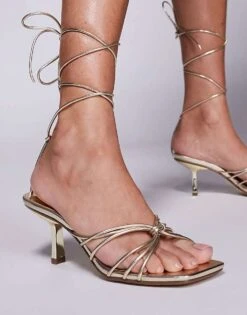 Public Desire Nora Kitten Heel Tie Leg Sandals In Gold For Women Natural/gold -Desirelic Store 207415411 4