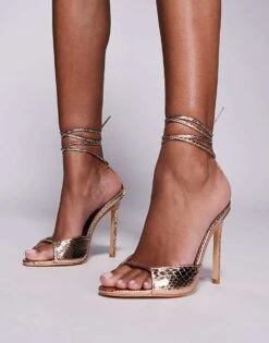 Public Desire Kalisto Tie Leg Heeled Sandals In Gold For Women