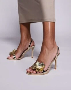 Public Desire Ladybug 3D Floral Mid Heeled Sandals In Gold For Women -Desirelic Store 207623636 1 gold 1