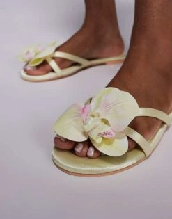 Public Desire Claudette 3D Floral Flat Sandals In Lime For Women Pastel Lime -Desirelic Store 207623654 3