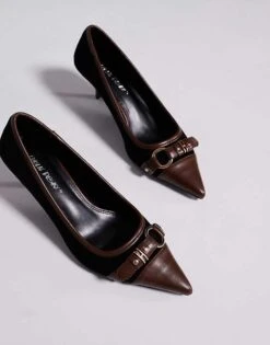 Public Desire Mera Buckle Detail Kitten Heel Court Shoes In Black For Women Black/ Brown -Desirelic Store 207623663 3