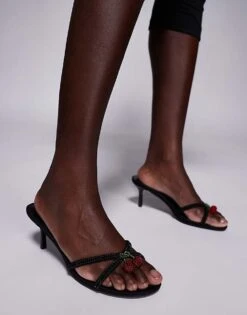 Public Desire Fructose Slip On Kitten Heel Sandals In Black For Women Black / Red