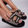 Public Desire Dreamboat Double Strap Sandal In Raffia For Women Black/white