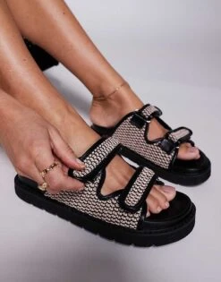 Public Desire Dreamboat Double Strap Sandal In Raffia For Women Black/white