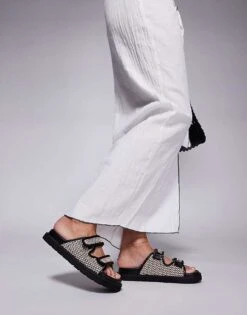 Public Desire Dreamboat Double Strap Sandal In Raffia For Women Black/white -Desirelic Store 207624005 4