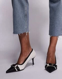 Public Desire Mera Buckle Detail Kitten Heel Court Shoes In Cream For Women Cream/black