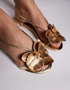 Public Desire Magnolia 3D Floral Flat Sandals In Gold For Women Gold Metallic -Desirelic Store 207624076 2