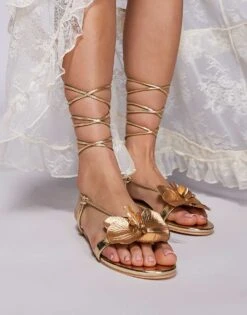 Public Desire Magnolia 3D Floral Flat Sandals In Gold For Women Gold Metallic -Desirelic Store 207624076 3