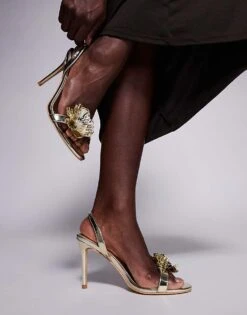 Public Desire Wide Fit Public Desire Ladybug Wide Fit 3D Floral Mid Heeled Sandals In Gold For Women -Desirelic Store 207624355 1 gold 1