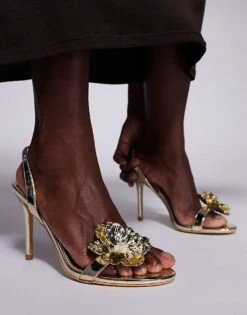 Public Desire Wide Fit Public Desire Ladybug Wide Fit 3D Floral Mid Heeled Sandals In Gold For Women -Desirelic Store 207624355 3