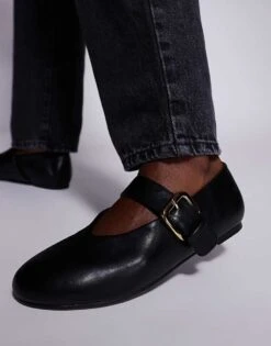 Public Desire Wide Fit Buckle Detail Ballet Flats In Black For Women