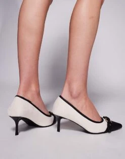 Public Desire Wide Fit Buckle Detail Kitten Heel Court Shoes In Cream For Women Cream/black -Desirelic Store 207624526 3