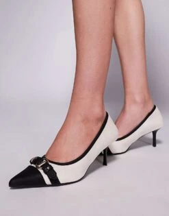 Public Desire Wide Fit Buckle Detail Kitten Heel Court Shoes In Cream For Women Cream/black -Desirelic Store 207624526 4