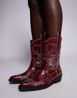 Public Desire Ula Western Ankle Boots In Burgundy For Women -Desirelic Store 208022110 2