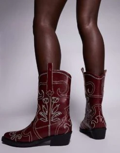 Public Desire Ula Western Ankle Boots In Burgundy For Women -Desirelic Store 208022110 3