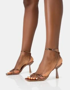 Public Desire Bree Pu Barely There Square Toe Mid Stiletto Heels In Bronze For Women -Desirelic Store 208161193 3