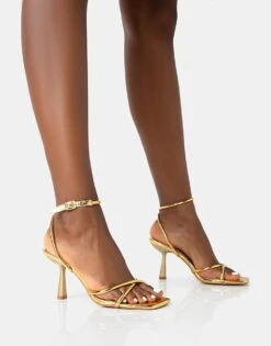 Public Desire Bree Pu Barely There Square Toe Mid Stiletto Heels In Gold Pu For Women -Desirelic Store 208161252 1 goldpu 1