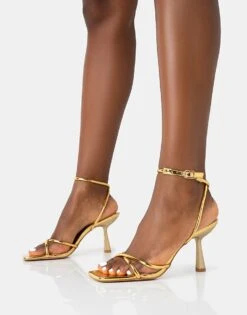 Public Desire Bree Pu Barely There Square Toe Mid Stiletto Heels In Gold Pu For Women -Desirelic Store 208161252 3