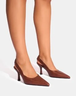 Public Desire Malia Vintage Fold Over Detail Cushioned Slingback Court Heels In Vintage Brown For Women