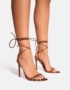 Public Desire Merlot Leopard Lace Up Wrap Around Pointed Toe Stiletto Heel In Leopard For Women