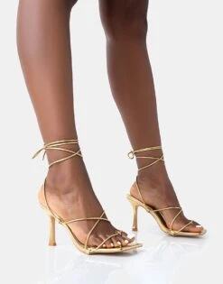 Public Desire Euphoria Pu Square Toe Lace Up Mid Heels In Gold Pu For Women