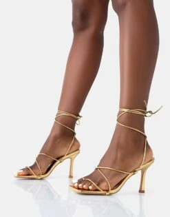 Public Desire Euphoria Pu Square Toe Lace Up Mid Heels In Gold Pu For Women -Desirelic Store 208161355 3