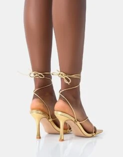 Public Desire Euphoria Pu Square Toe Lace Up Mid Heels In Gold Pu For Women -Desirelic Store 208161355 4