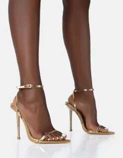 Public Desire Legacy Croc Barely There Pointed Toe Gold Stiletto Heels In Gold Croc For Women