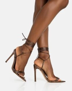 Public Desire Merlot Lace Up Wrap Around Pointed Toe Stiletto Heels In Metallic Choc For Women Matallic Choc -Desirelic Store 208161556 2