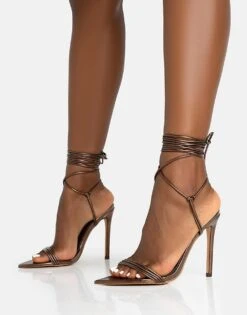 Public Desire Merlot Lace Up Wrap Around Pointed Toe Stiletto Heels In Metallic Choc For Women Matallic Choc -Desirelic Store 208161556 3