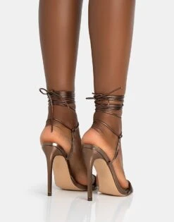 Public Desire Merlot Lace Up Wrap Around Pointed Toe Stiletto Heels In Metallic Choc For Women Matallic Choc -Desirelic Store 208161556 4