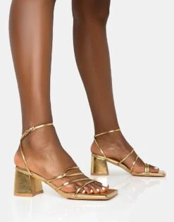 Public Desire Dayla Strappy Square Toe Block Mid Heel Sandals In Gold For Women