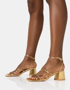 Public Desire Dayla Strappy Square Toe Block Mid Heel Sandals In Gold For Women -Desirelic Store 208165597 3