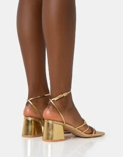 Public Desire Dayla Strappy Square Toe Block Mid Heel Sandals In Gold For Women -Desirelic Store 208165597 4