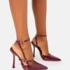 Public Desire Idol Patent Buckle Strappy Detail Stiletto Pointed To Court High Heels In Burgundy Patent For Women -Desirelic Store 208166418 1 burgundypatent